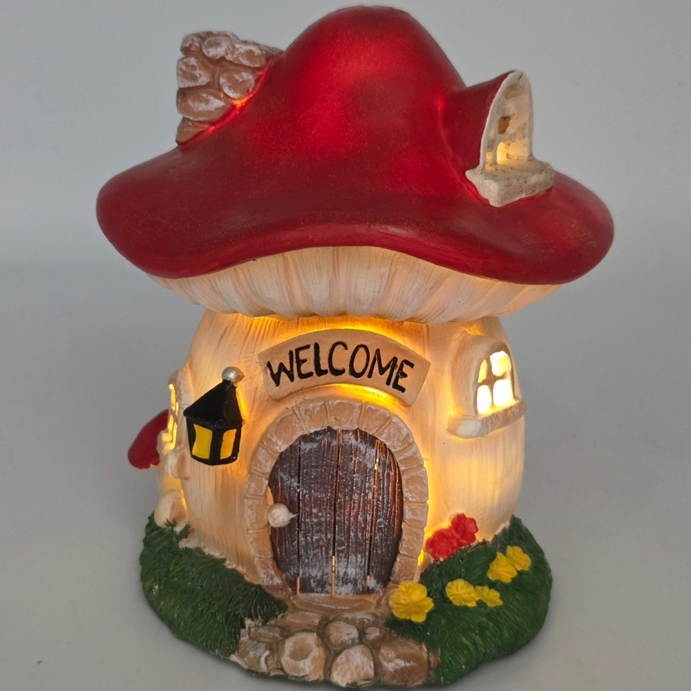 Lighted Resin Mushroom Fairy House Cottage Red Toadstool Cap Cottagecore Country